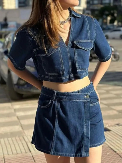 'Chara' Short Sleeve Top and Skort Denim Set - Celes Fashion